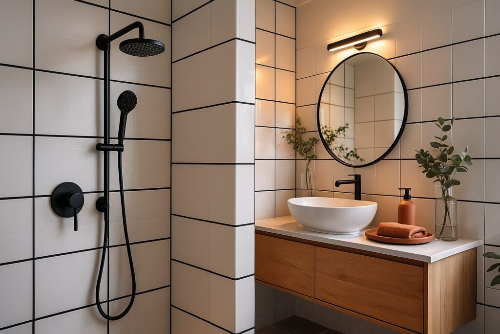 zwarte voegen in de badkamer, zwarte voeg, zwarte voegen