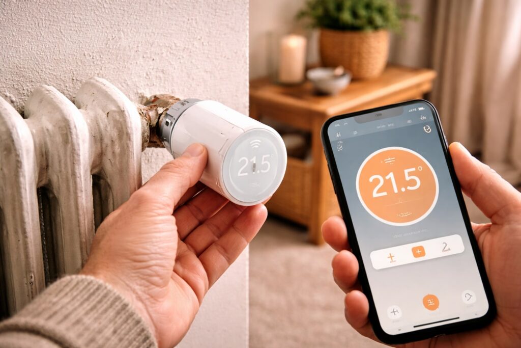 slimme radiatorknop op oude radiator, radiatorknop